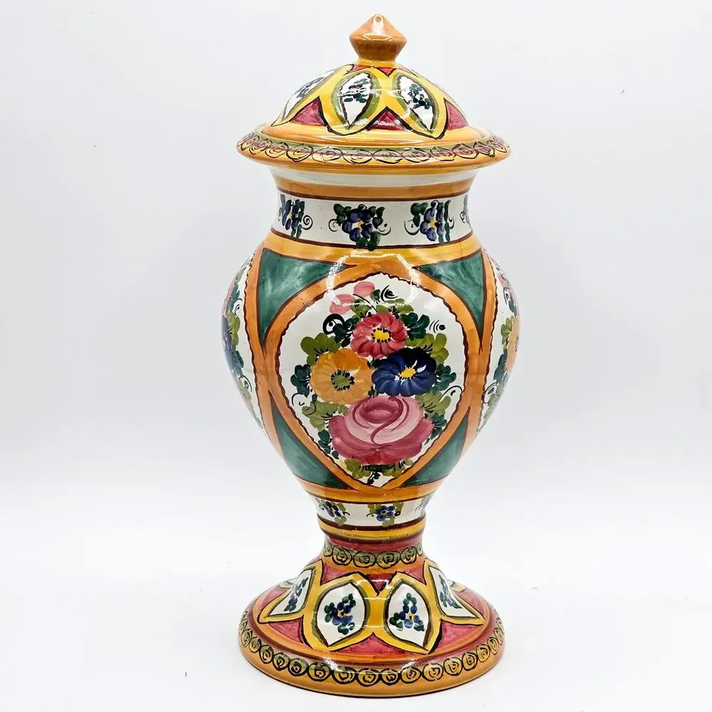 Peruvian Majolica Floral Lidded Urn Vase Hand Painted FCA Pottery 11